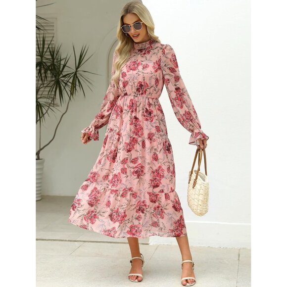 Women's Fall Floral Long Sleeve Midi Dress Boho Casual Wedding Guest - Picture 3 of 8
